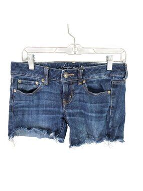 Womens American Eagle Favorite Boyfriend Blue Denim Shorts Raw Hem 3.5" Inseam 4